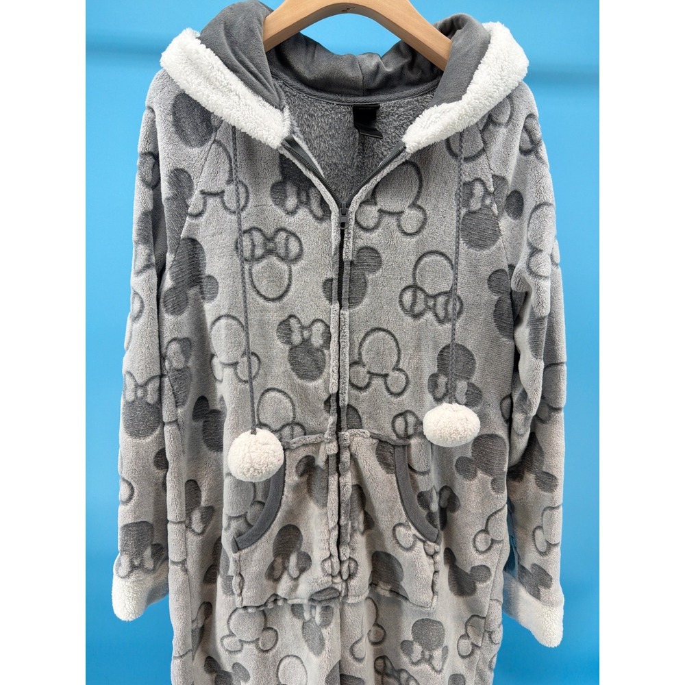 Disney Minnie Mouse Grey Plush Fleece Hooded One Piece Pajama Union Suit Womens